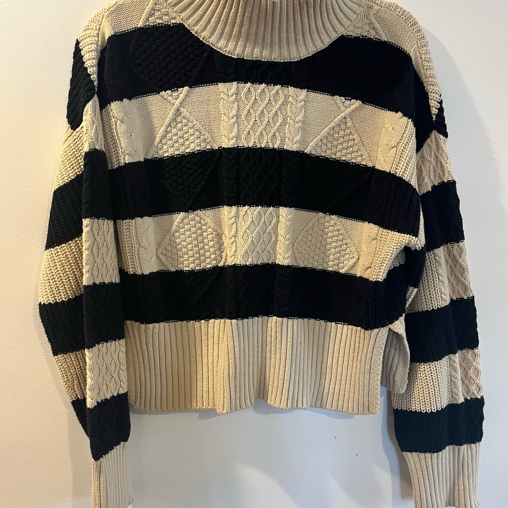 Altar'd State Cream & Black Striped Cable Turtleneck Sweater